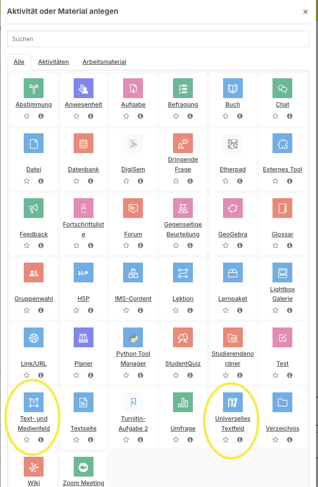 Aktivitäten und Materialübersicht bei Moodle Text- und Medienfeld, sowie Universelles Textfeld sind eingekreist